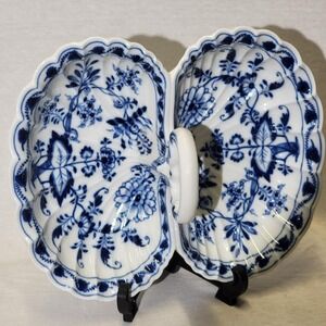 Vtg Meissen Porcelain Blue Onion Pattern Handled 2 Part Divided Dish 1815/1923